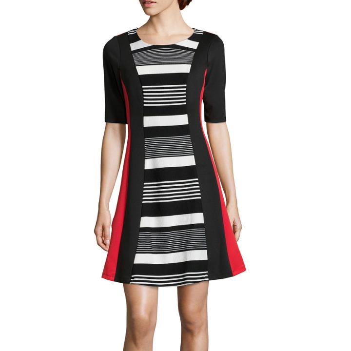 Robbie Bee Elbow-sleeve Stripe Fit-and-flare Dress