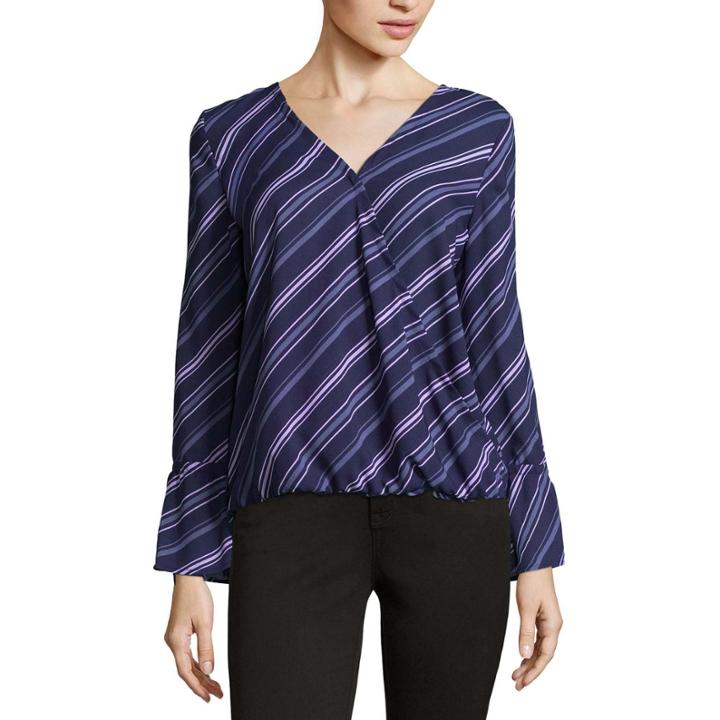 Liz Claiborne Long Sleeve V Neck Woven Stripe Blouse