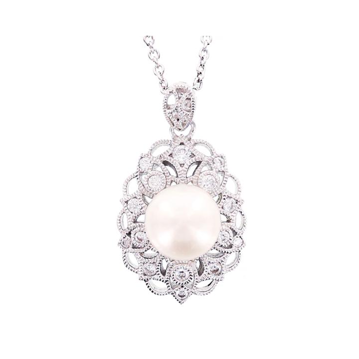 Diamonart Cultured Freshwater Pearl & Cubic Zirconia Sterling Silver Pendant Necklace