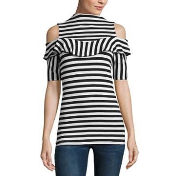 Project Runway Short Sleeve Striped Cold Shoulder Ruffle Top-womens