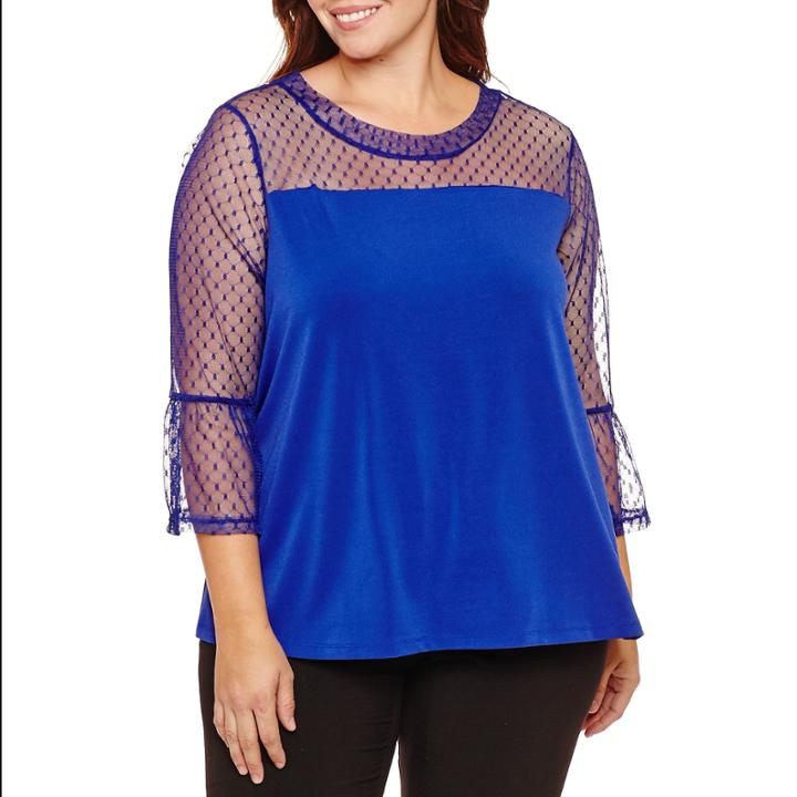 Worthington 3/4 Mesh Sleeve Knit Blouse-plus