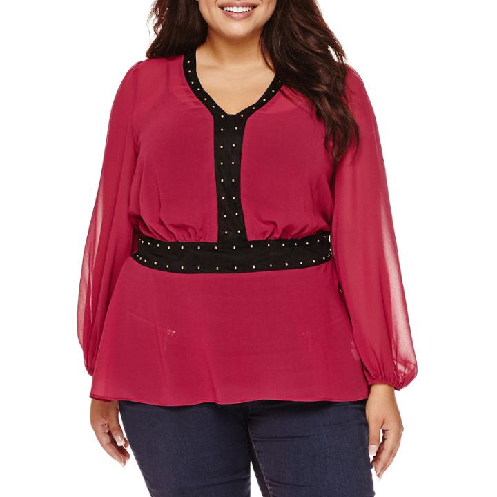 Bisou Bisou Long-sleeve Studded Peplum Blouse - Plus