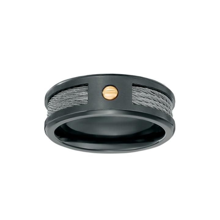 Mens Black Zirconium Band Ring With Gold-tone Screw Accent