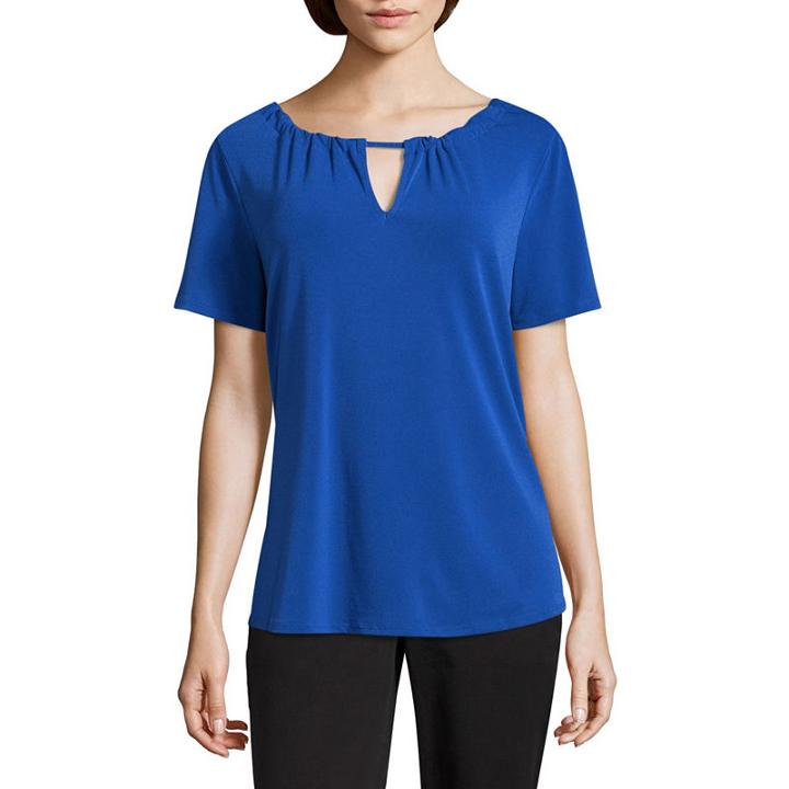 Worthington Short Sleeve Keyhole Neck Dots T-shirt-womens