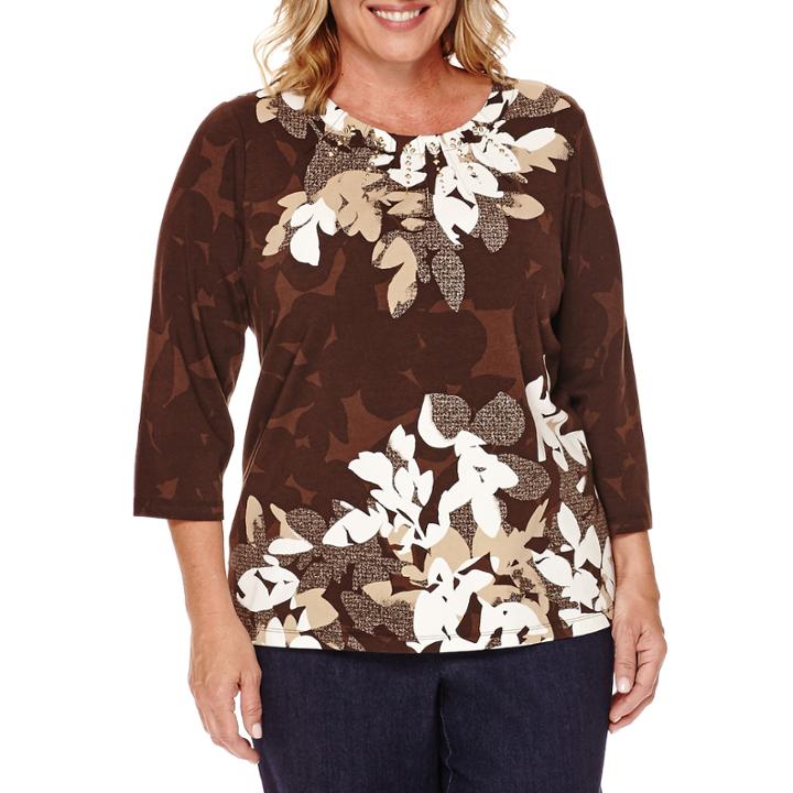 Alfred Dunner 3/4-sleeve Floral Novelty Check Tee - Plus