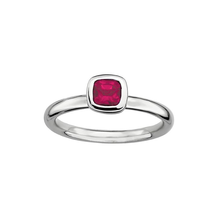 Personally Stackable Cushion-cut Lead Glass-filled Ruby Sterling Silver Ring