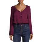 Arizona Long Sleeve V Neck Woven Blouse-juniors