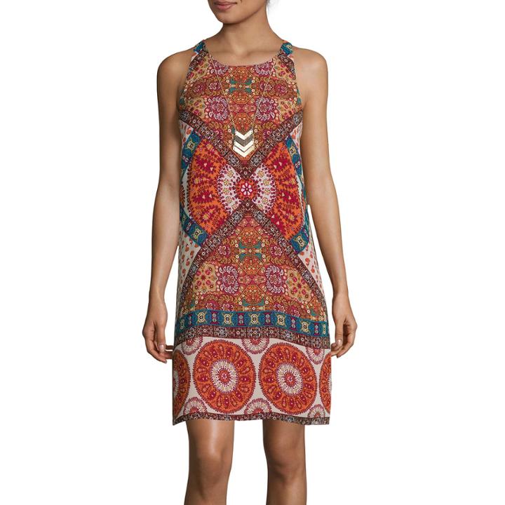 By & By Sleeveless Printed Chiffon A-line Dress With Necklace