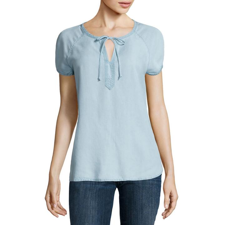 Liz Claiborne Short Sleeve Split Crew Neck Woven Blouse-petites