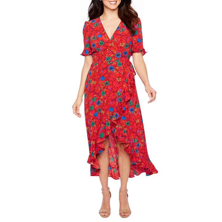 London Style Short Sleeve Floral Wrap Dress