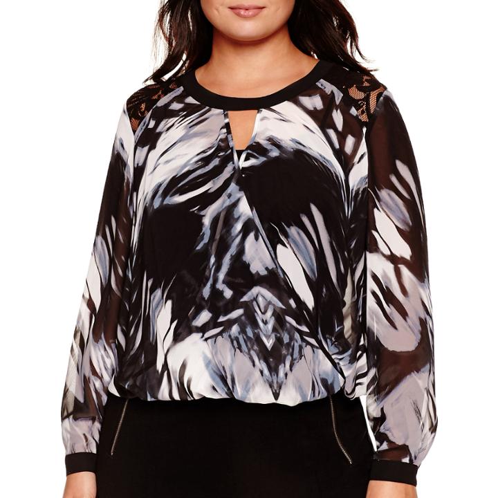 Bisou Bisou Long-sleeve Lace-shoulder Surplice Top - Plus