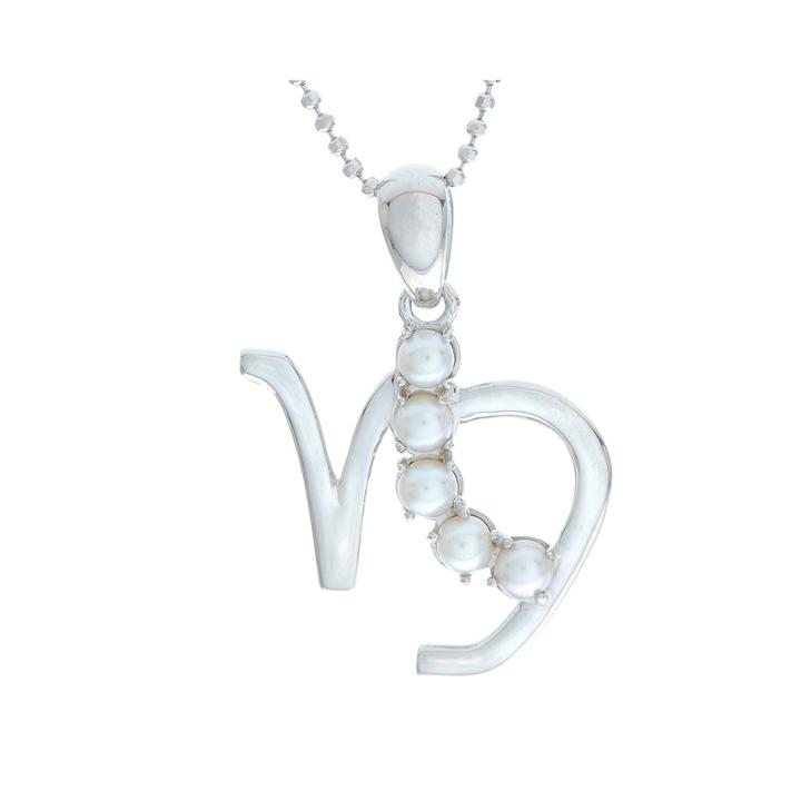 Capricorn Zodiac Cultured Freshwater Pearl And Cz Sterling Silver Pendant Necklace