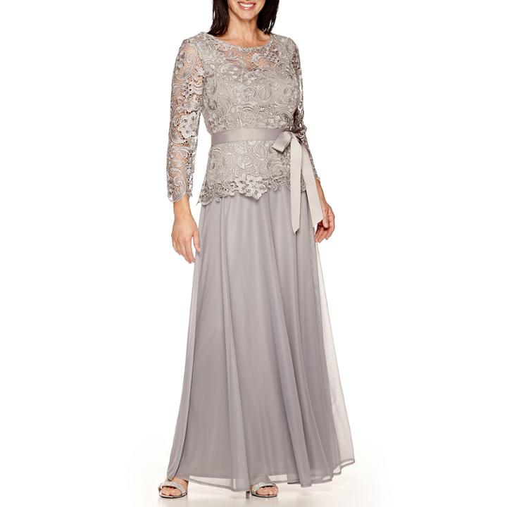 Jackie Jon 3/4-sleeve Lace-bodice Gown