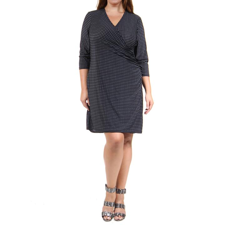 24/7 Comfort Apparel Grey Polka-dot Print Faux Wrap Dress-plus