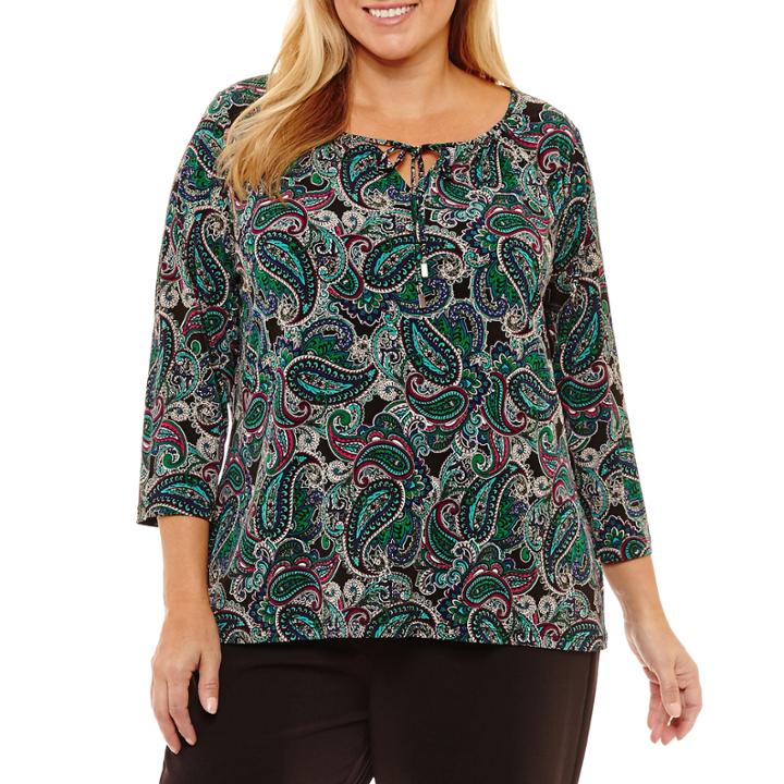 Liz Claiborne 3/4 Sleeve Tie Neck Blouse- Plus