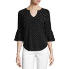 Liz Claiborne 3/4 Bell Sleeve Split Crew Neck Dotted T-shirt-womens