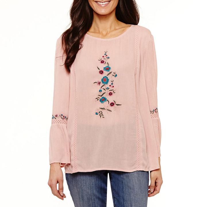 St. John's Bay 3/4 Sleeve Scoop Neck Woven Embroidered Blouse-petites