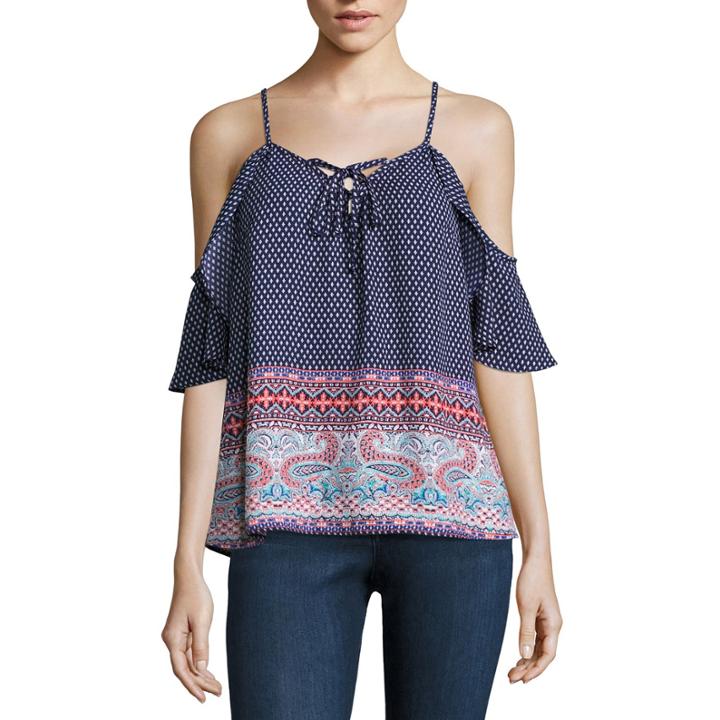 Trixxi Short Sleeve Scoop Neck Crepe Blouse-juniors