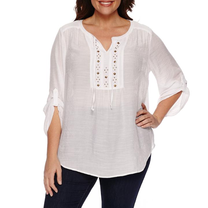 Claiborne 3/4 Sleeve Roll Tab Sleeve Solid Peasant Top Plus