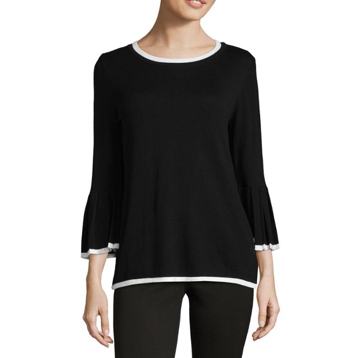 Liz Claiborne 3/4 Pleated Sleeve Crew Neck Pullover Sweater