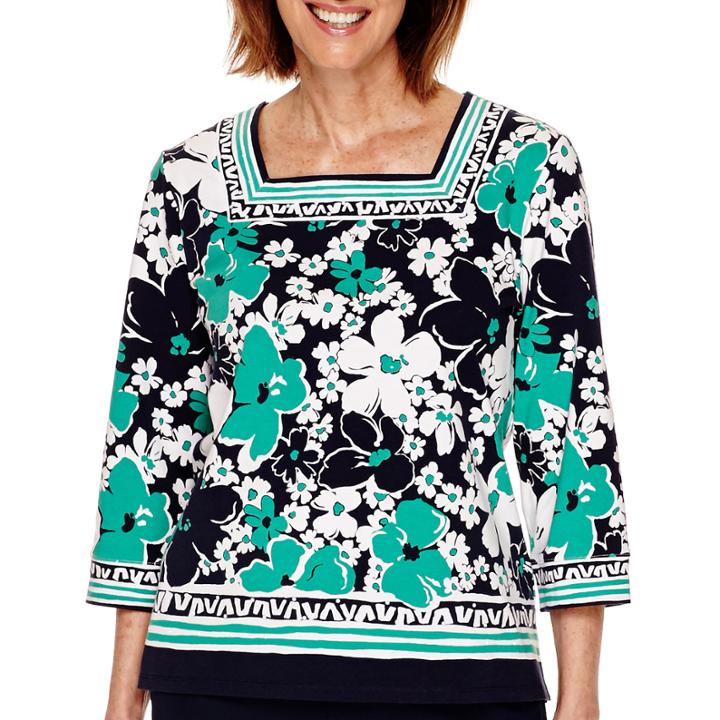 Alfred Dunner Costa Allegra 3/4-sleeve Floral Border T-shirt - Petite