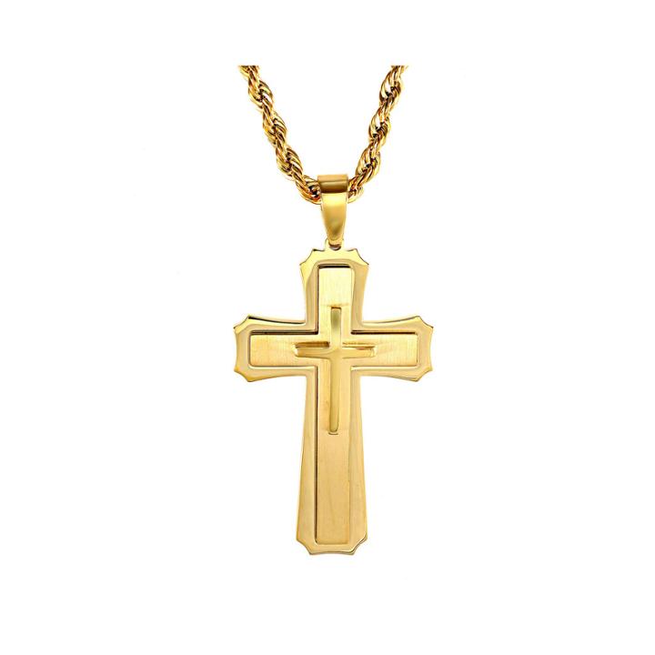 Mens Gold-tone Ion-plated Stainless Steel Cross Pendant Necklace