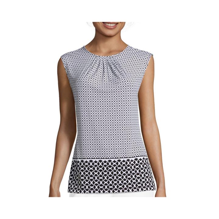 Liz Claiborne Sleeveless Pleated Neck Print Knit Top - Tall