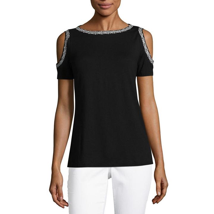 Liz Claiborne Cold Shoulder Round Neck Embroidered T-shirt