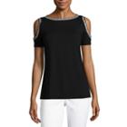 Liz Claiborne Cold Shoulder Round Neck Embroidered T-shirt