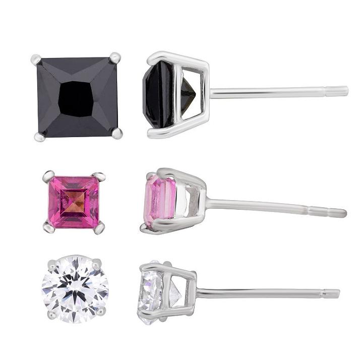 Diamonart 3 Pair 5 Ct. T.w. White Cubic Zirconia Sterling Silver Earring Sets