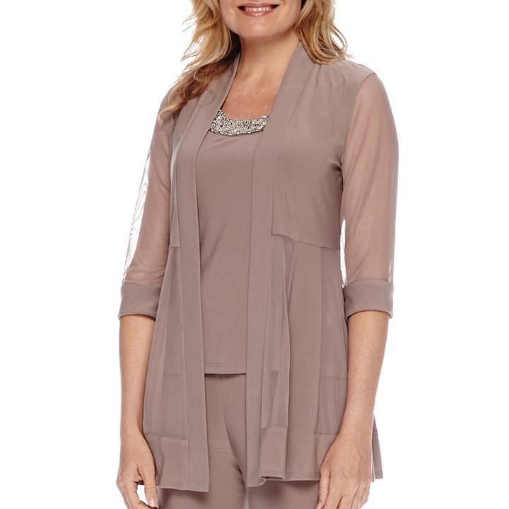 R & M Richards Sheer 3/4-sleeve Jacket And Pants Suit - Petite