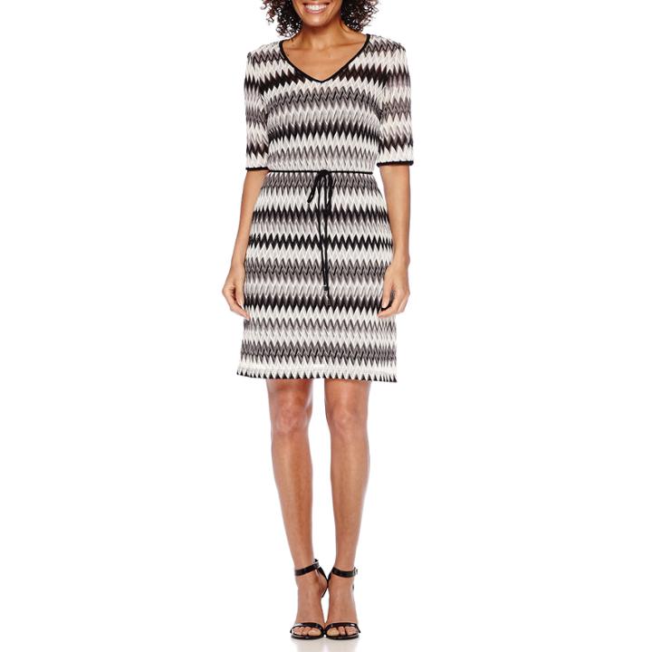 Studio 1 Elbow-sleeve Belted Chevron Sheath Dress - Petite