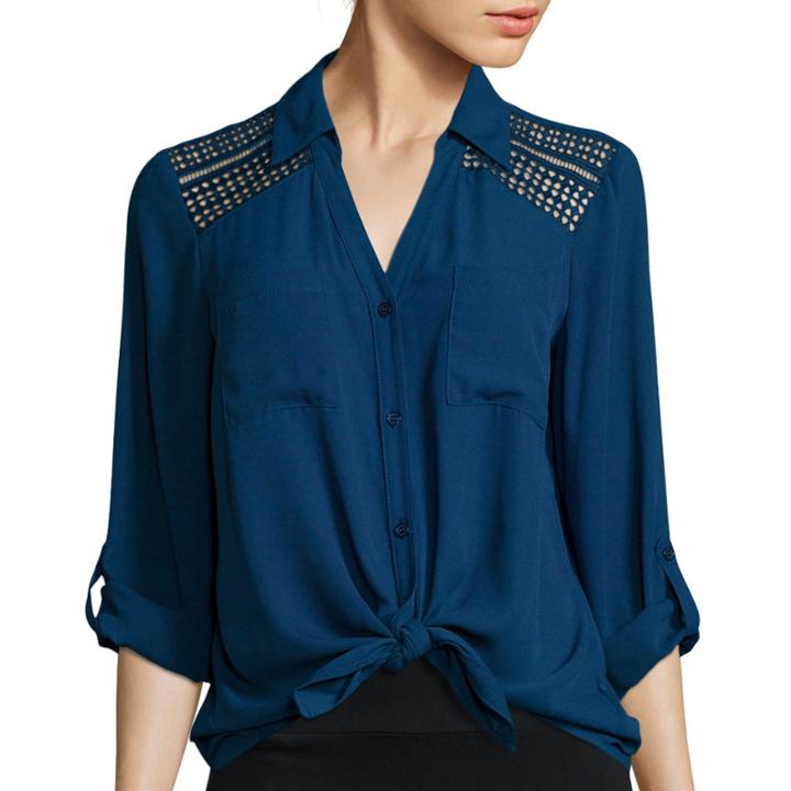 Alyx Roll-tab Sleeve Lace Shoulder Button-front Shirt