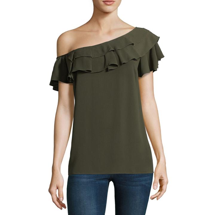 A.n.a Ana Ruffle One Shoulder Top Short Sleeve Crew Neck Woven Blouse