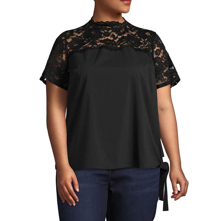 Boutique + Short Sleeve Mock Neck Woven Blouse-plus
