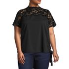 Boutique + Short Sleeve Mock Neck Woven Blouse-plus
