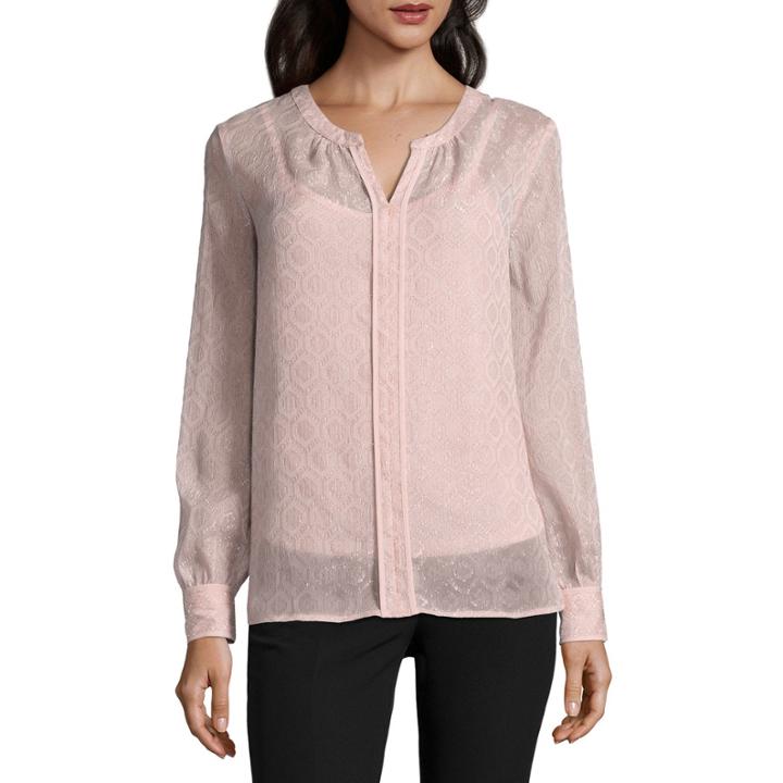Liz Claiborne Long Sleeve Split Crew Neck Shine Blouse