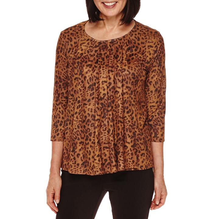 Sag Harbor Artful Animal-print 3/4-sleeve Faux-suede Double Layer Top