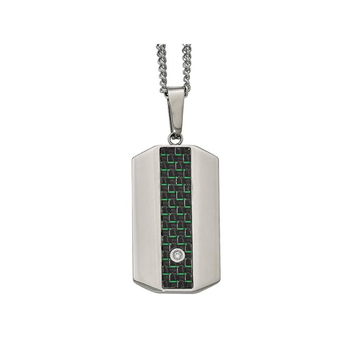 Mens Cubic Zirconia Stainless Steel Black & Green Carbon Fiber Dog Tag Pendant