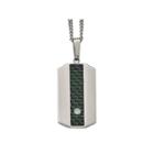 Mens Cubic Zirconia Stainless Steel Black & Green Carbon Fiber Dog Tag Pendant