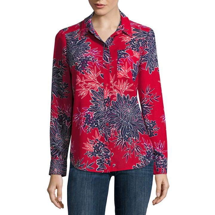 Liz Claiborne Long Sleeve V Neck Woven Blouse-petites