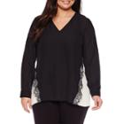 Worthington Long Sleeve Lace Trim Colorblock Blouse - Plus