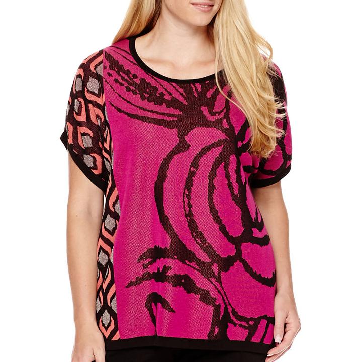 Worthington Short-sleeve Mix Print Pullover Sweater - Plus