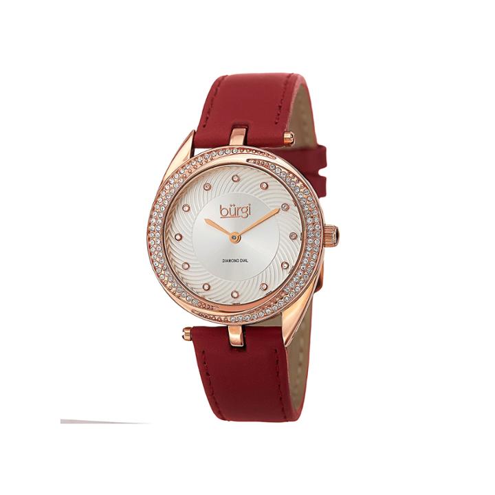 Burgi Womens Diamond Accent Rose-tone Red Strap Watch