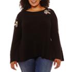 St. John's Bay Long Bell Sleeve Embroidered Sweater-plus
