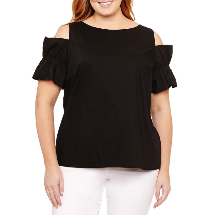 Worthington Short Sleeve Cold Shoulder Woven Blouse- Plus