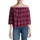 Arizona 3/4 Sleeve Off Shoulder Sleeve Plaid Peasant Top-juniors