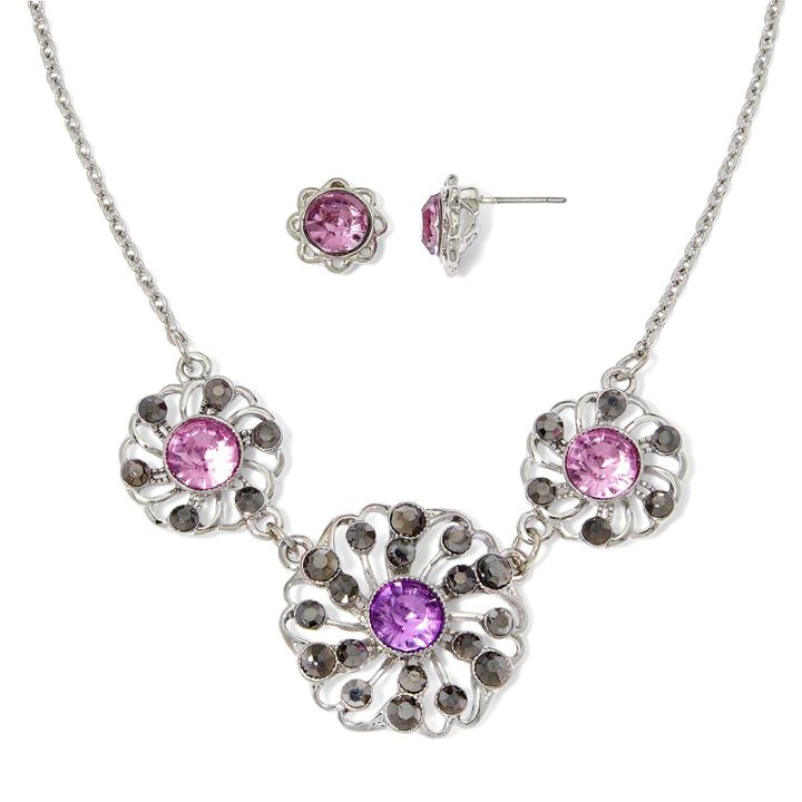 Liz Claiborne Purple Stone And Silver-tone Earring And Necklace Set