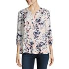 Liz Claiborne 3/4 Sleeve Split Crew Neck Woven Floral Blouse-tall