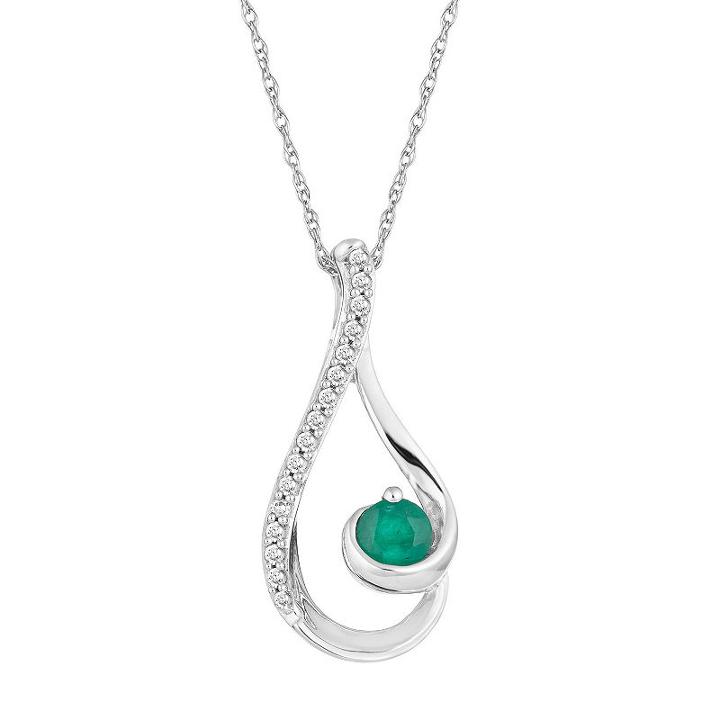 Womens Diamond Accent Genuine Green Emerald 10k White Gold Pendant Necklace